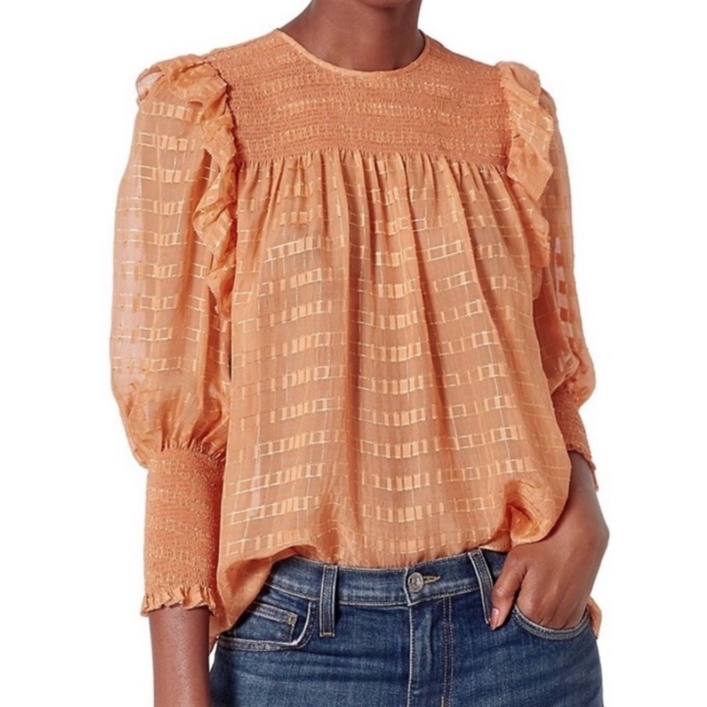 Joie Jamila Silk Lurex Smocked Ruffle Blouse Peach Large